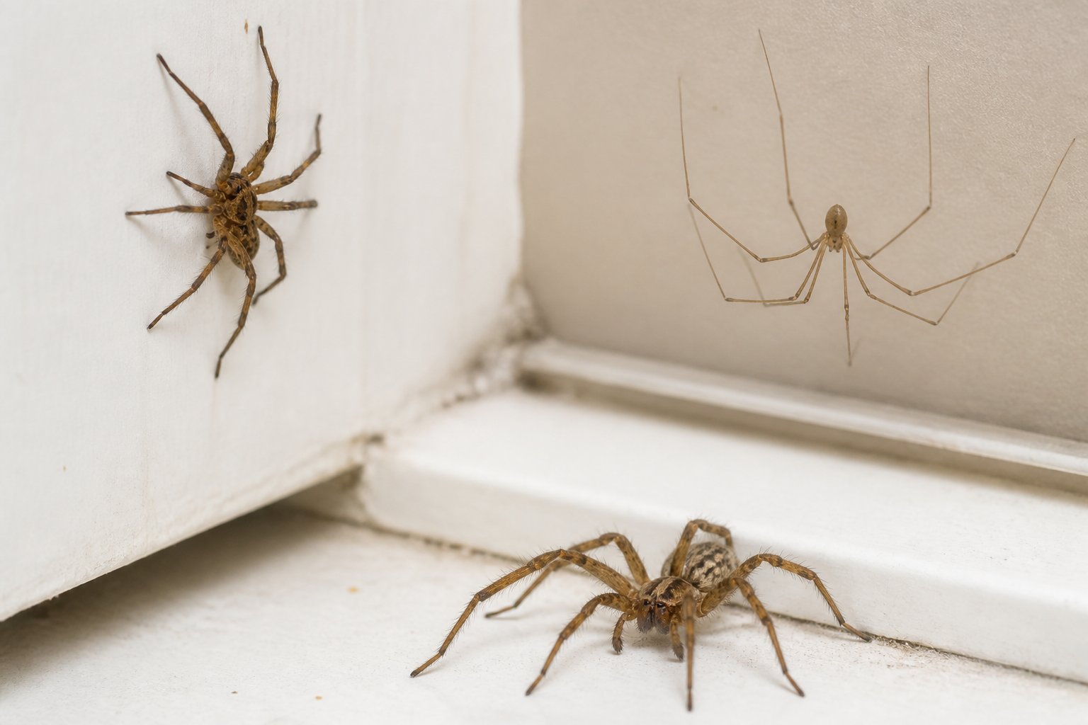 Close-up view of common indoor spiders on walls and window sills inside a home.