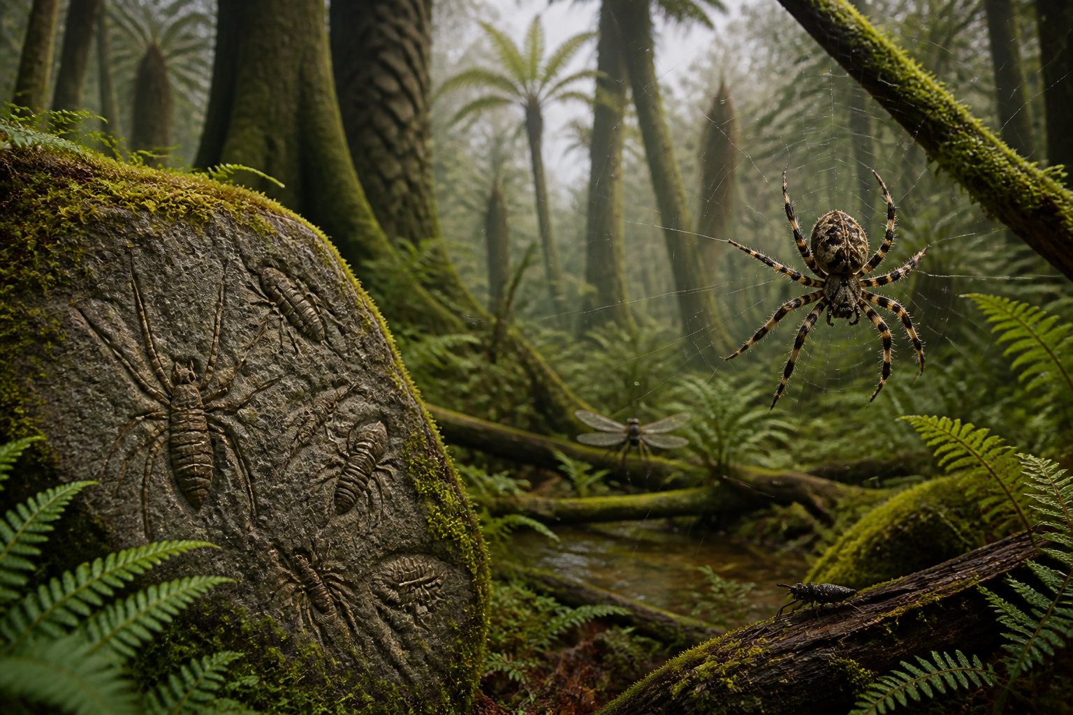A realistic spider on a web in a prehistoric forest with ancient plants and fossil imprints of early spiders on nearby rocks.