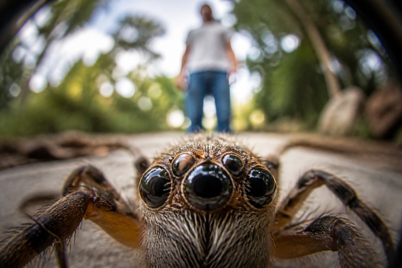 View from a spider's eye showing a blurred human figure in the background with a close-up of a spider's eye in the foreground.