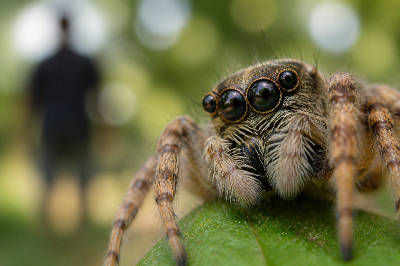 Close-up of a spider's multiple eyes with a blurred human figure in the background.