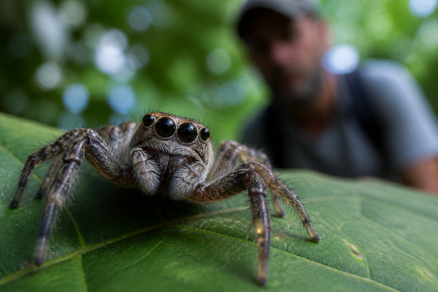 A close-up of a spider on a leaf looking towards a blurred human figure in the background.