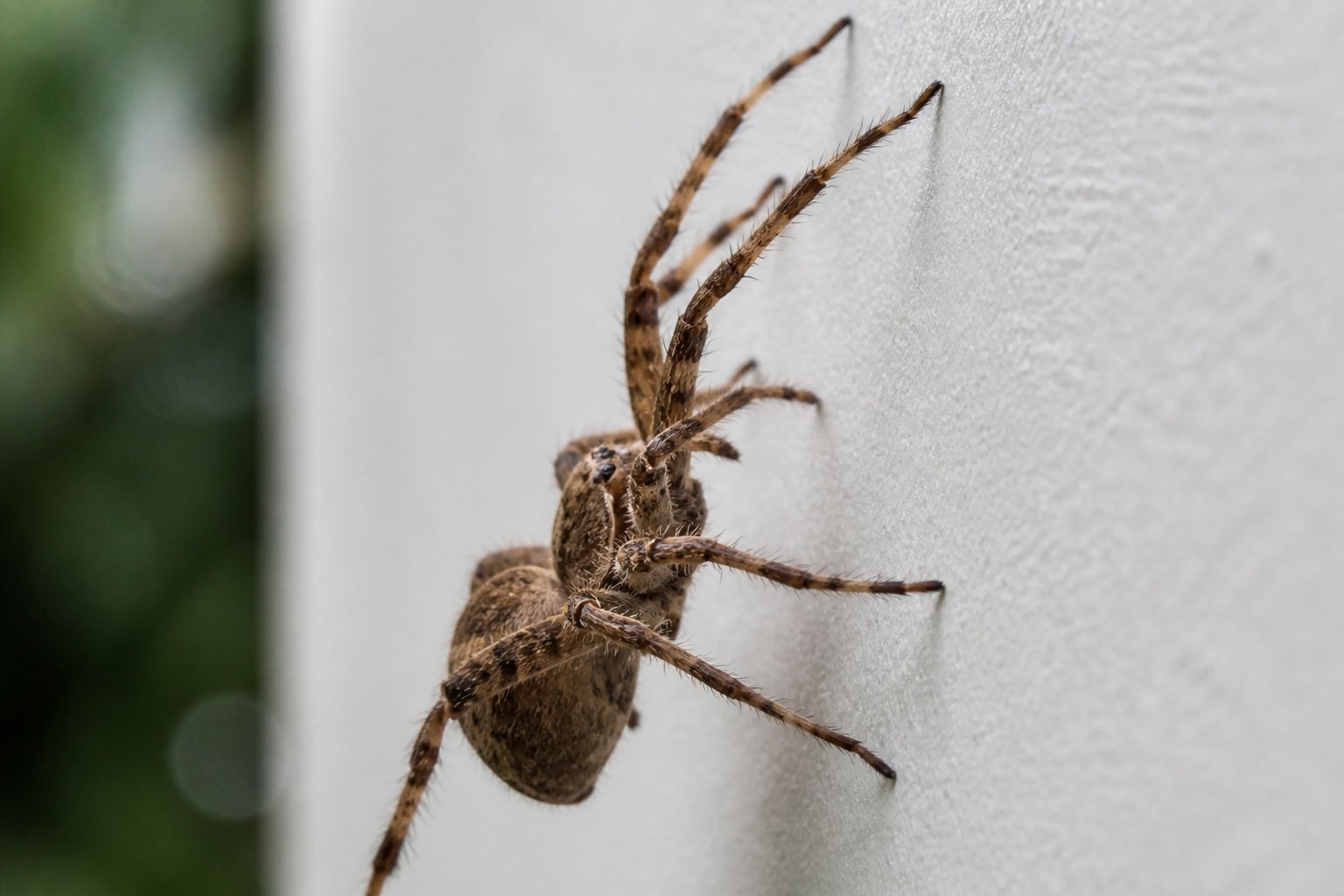 Close-up of a spider climbing a smooth vertical wall, showing its legs gripping the surface.