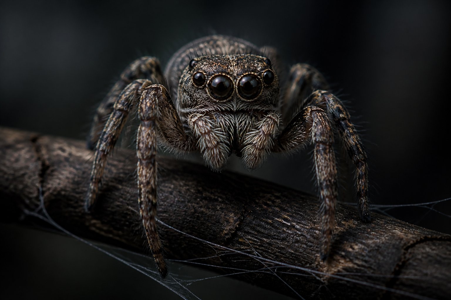 Close-up of a spider on a branch in low light, showing its multiple eyes reflecting light.