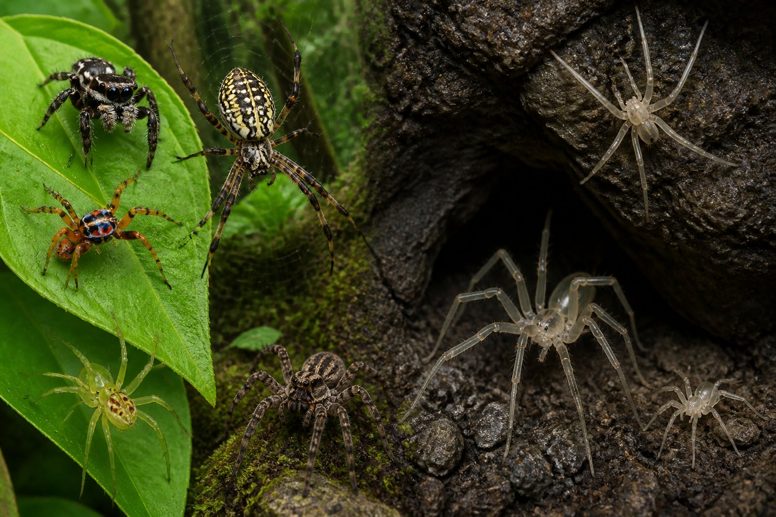 Various spiders in a natural scene showing colorful spiders in a bright forest and pale spiders near a dark cave entrance.