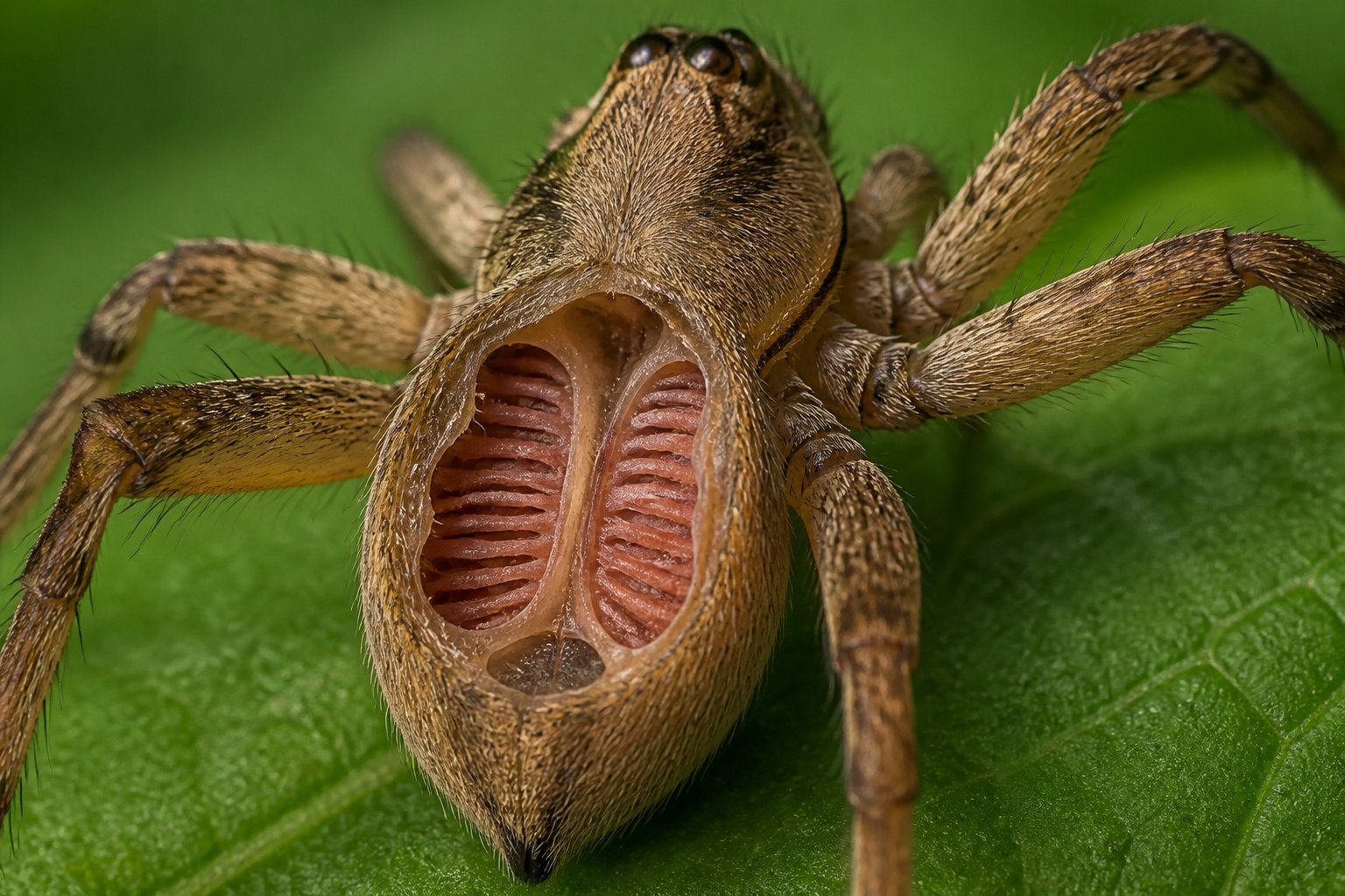Close-up image of a spider showing its body parts related to breathing on a green leafy background.