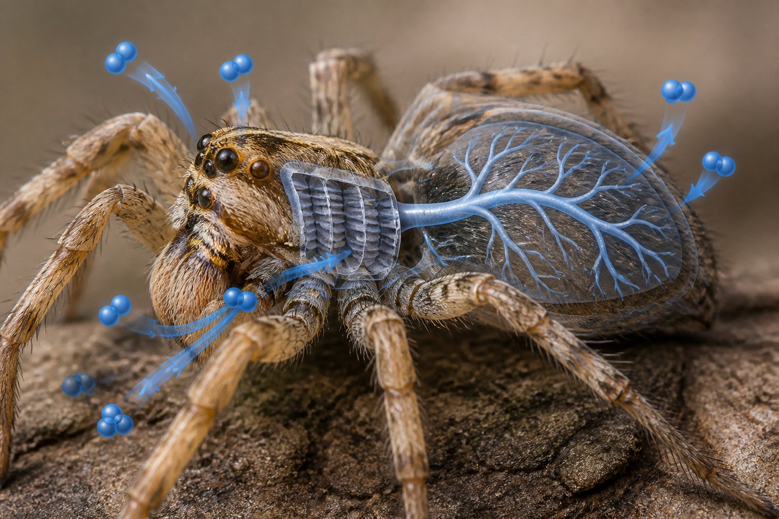 Close-up view of a spider showing its respiratory system with highlighted oxygen flow through its body.