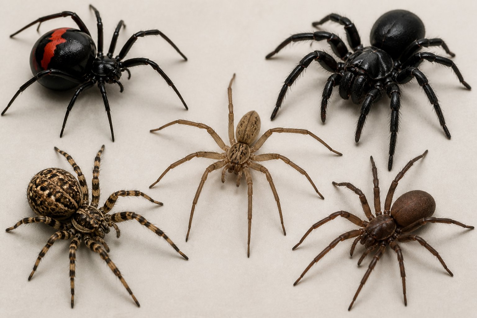 Close-up view of several venomous spiders including a black widow, brown recluse, and funnel-web spider on a plain background.