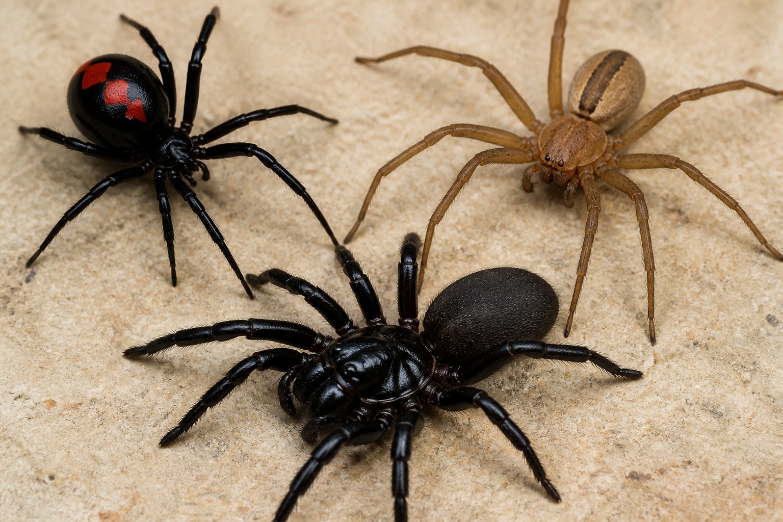 Close-up image of several venomous spiders including a black widow, brown recluse, and funnel-web spider on a neutral background.