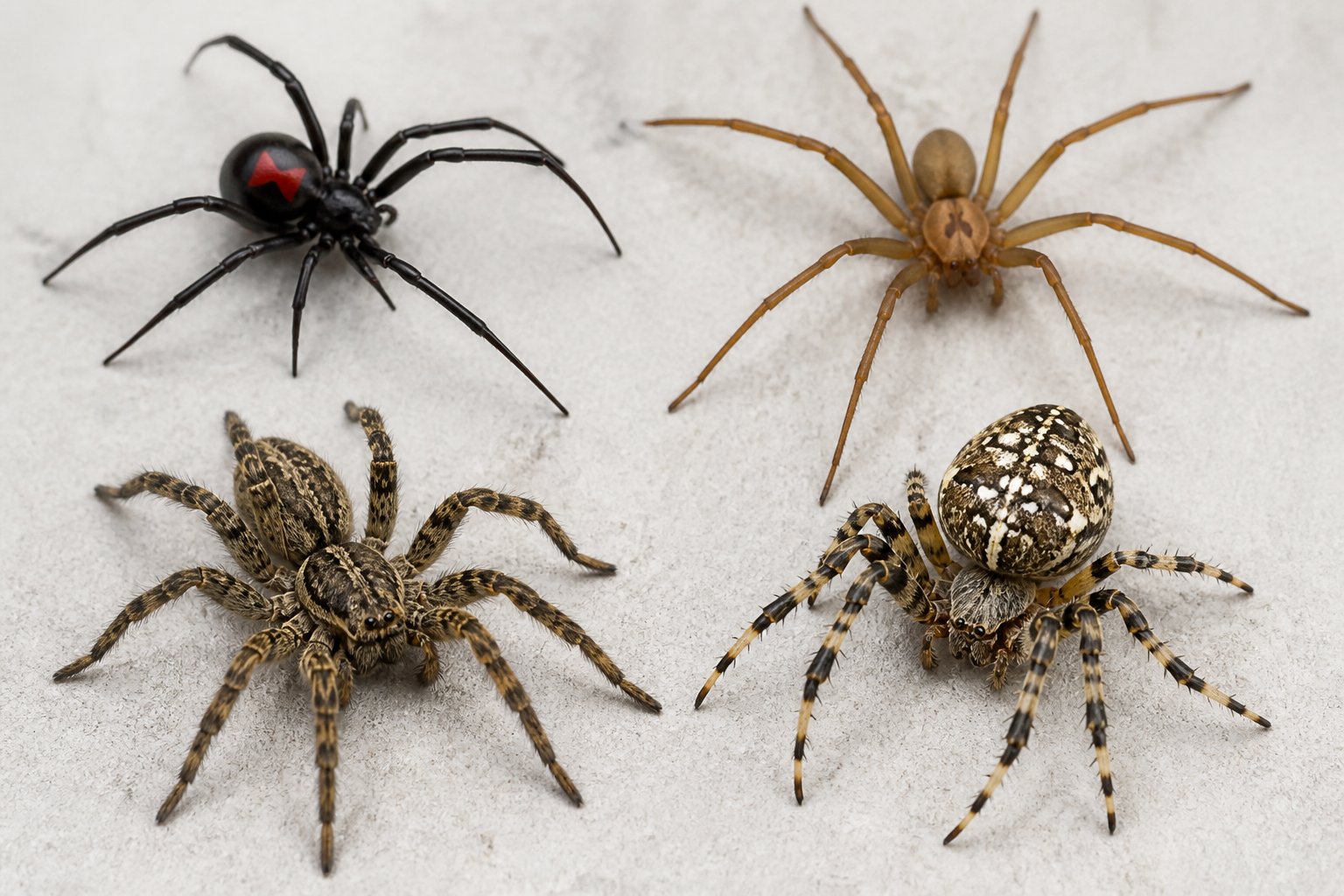 Close-up of various spider species including black widow, brown recluse, wolf spider, and garden spider on a neutral background.