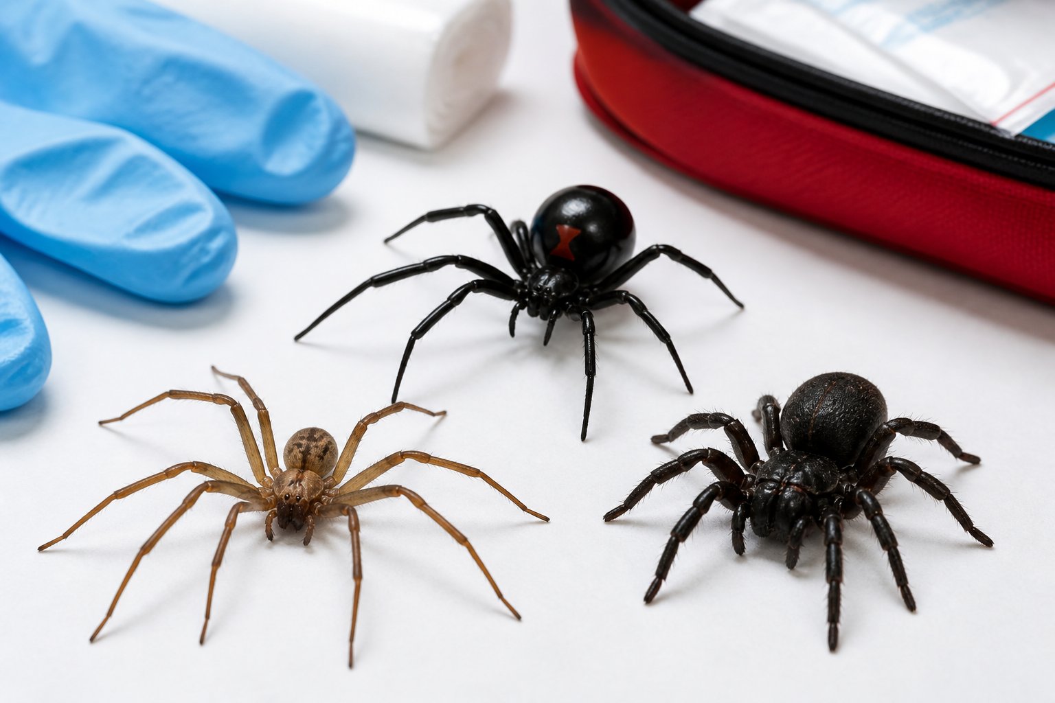 Close-up of several venomous spiders including a black widow and brown recluse on a white surface with medical gloves and a first aid kit nearby.