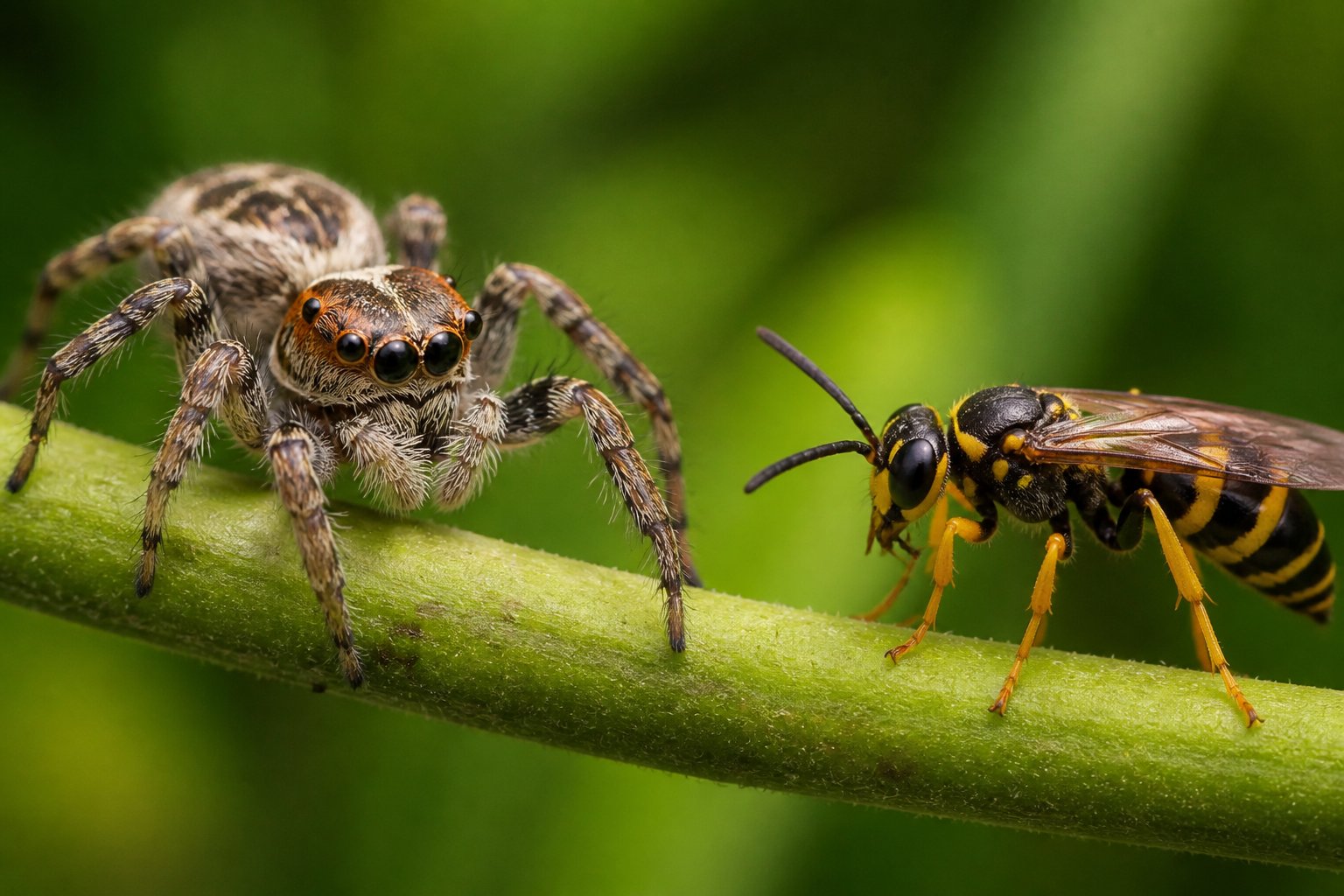 Close-up image showing a spider and an insect side by side on a natural green background.