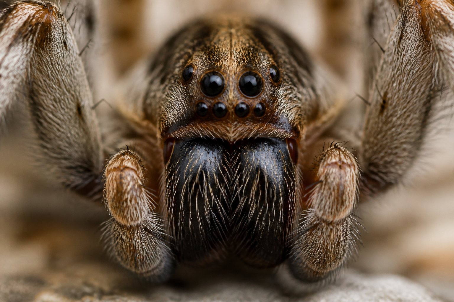 Close-up view of a spider's mouthparts and multiple eyes, showing detailed textures and fine hairs.