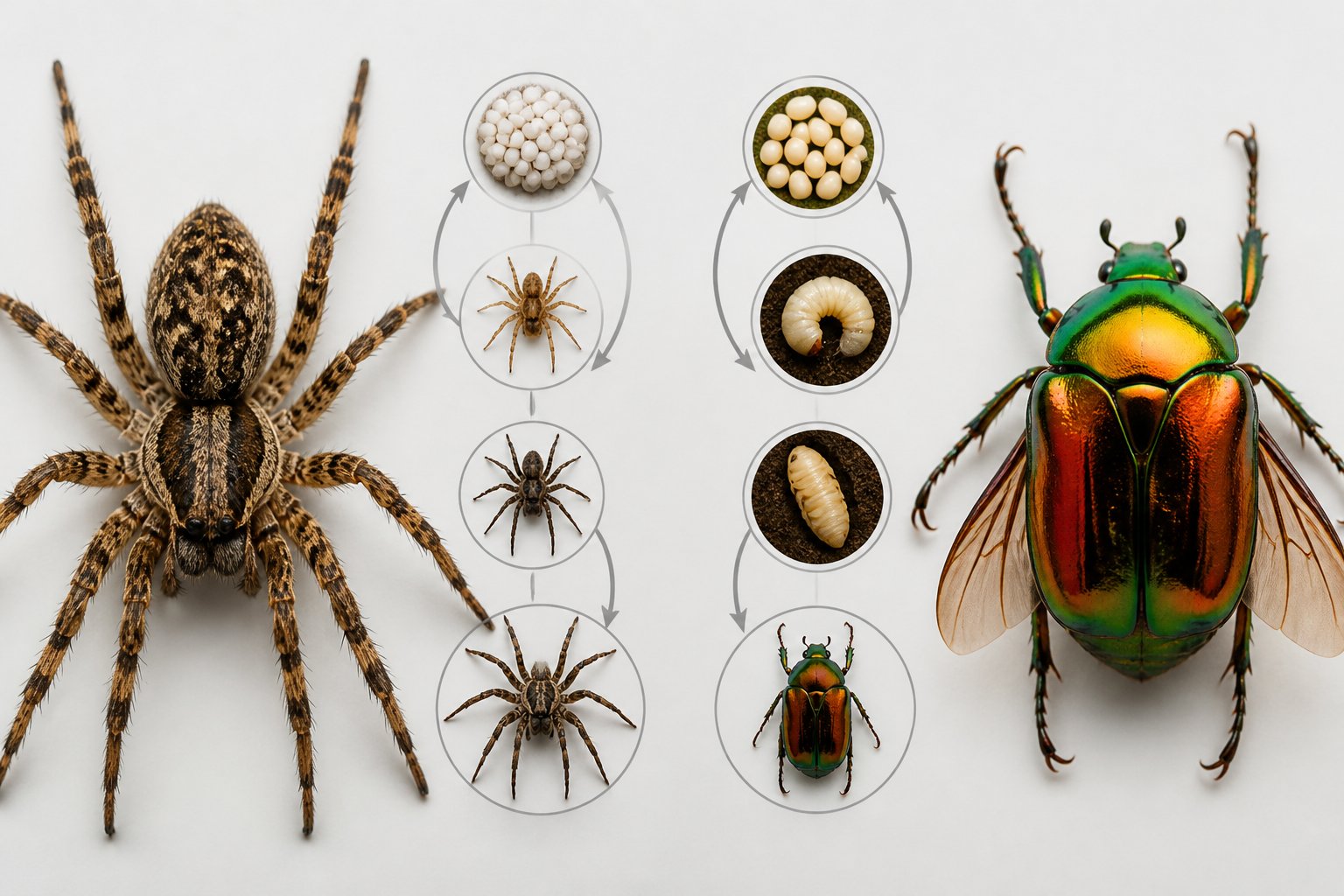 Close-up of a spider and an insect side by side with visual representations of their life cycles.