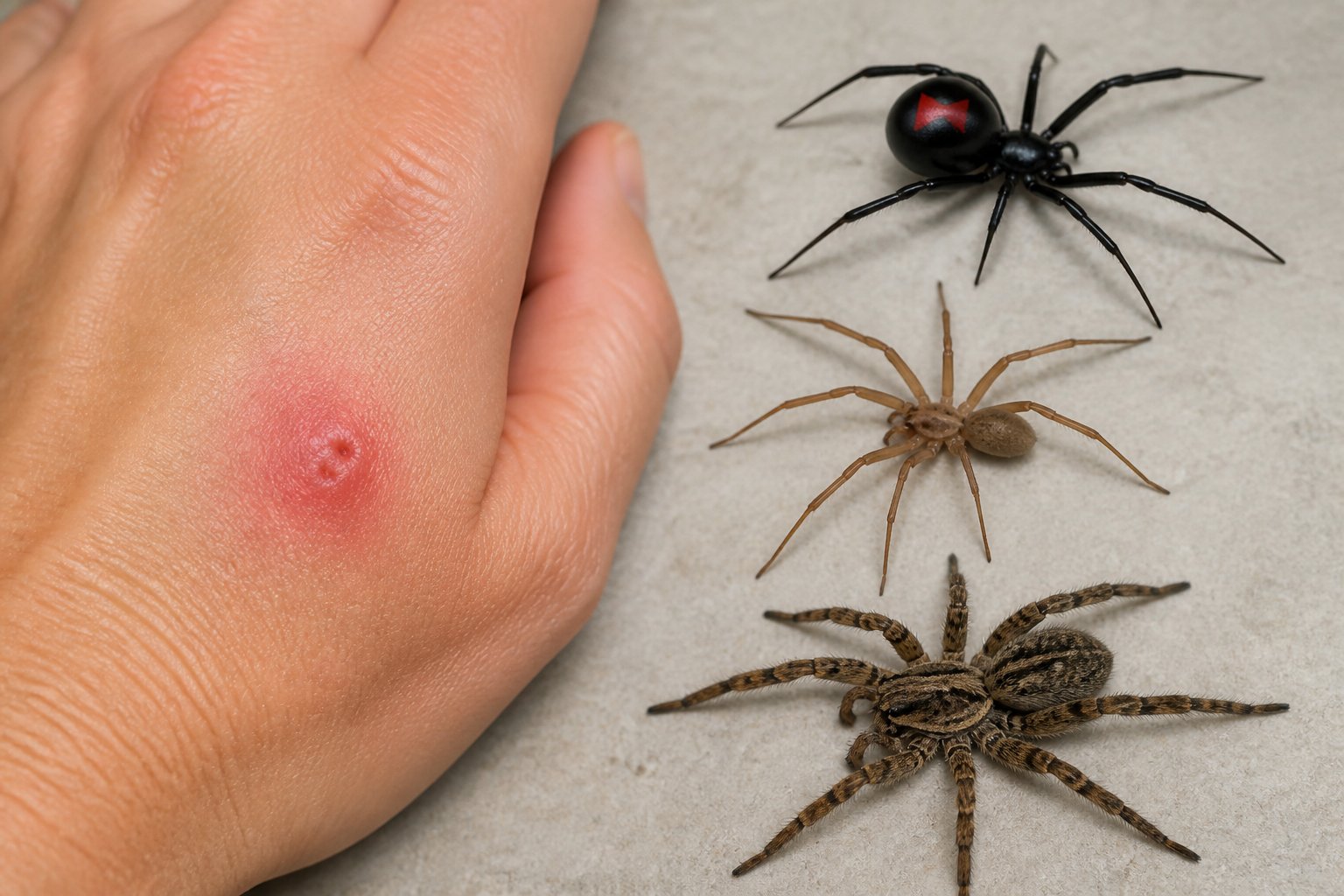 Close-up of a human hand with a red bite mark and several common spiders nearby on a neutral background.