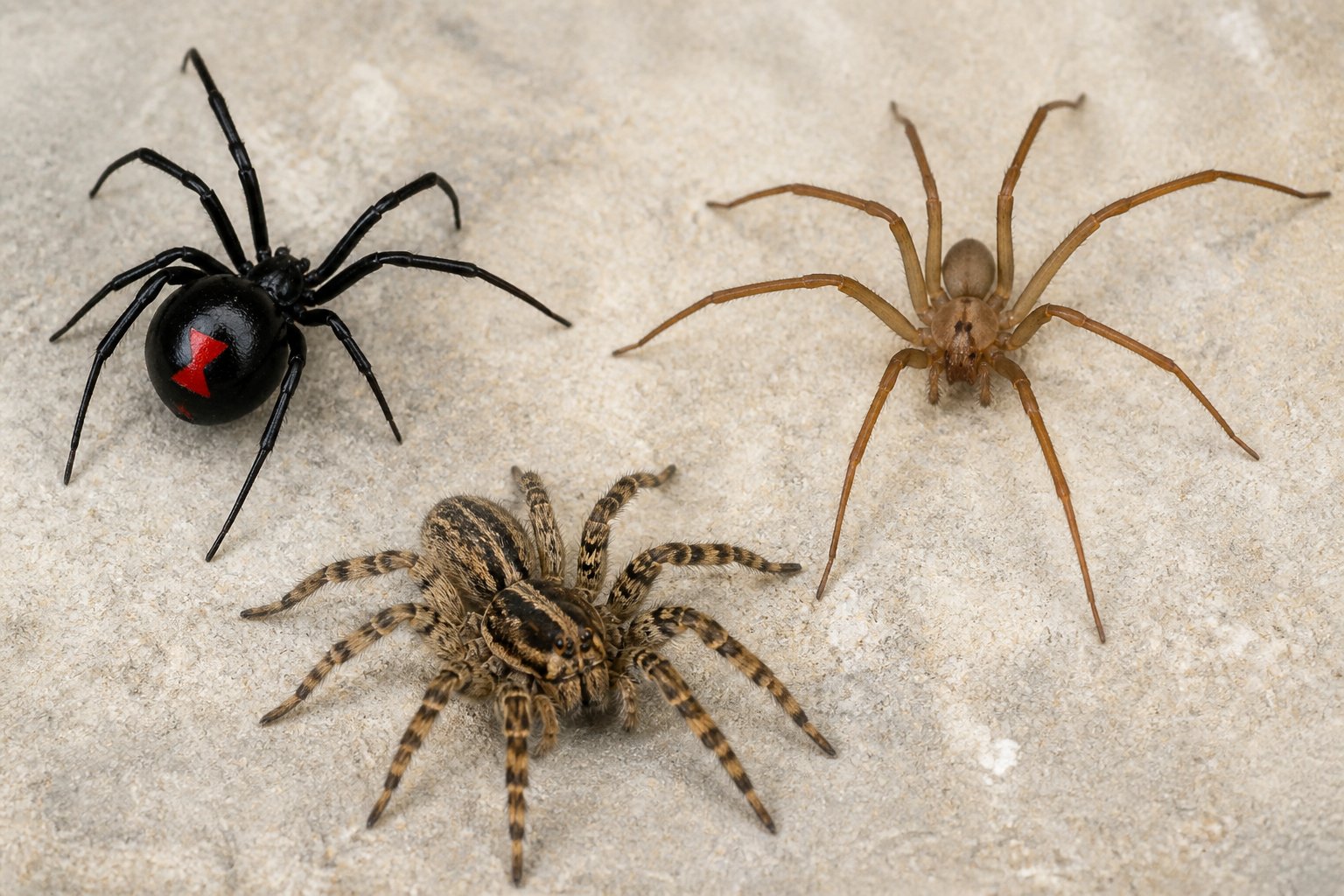 Close-up image of several different spiders known for biting, including a black widow, brown recluse, and wolf spider, displayed on a neutral background.