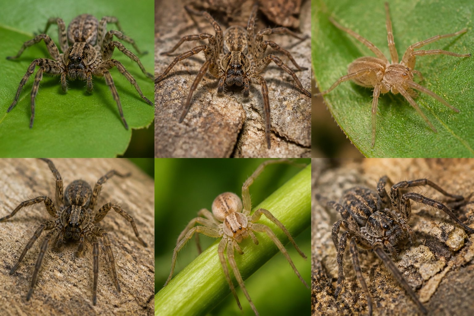 Close-up view of several common spiders on leaves and branches outdoors.