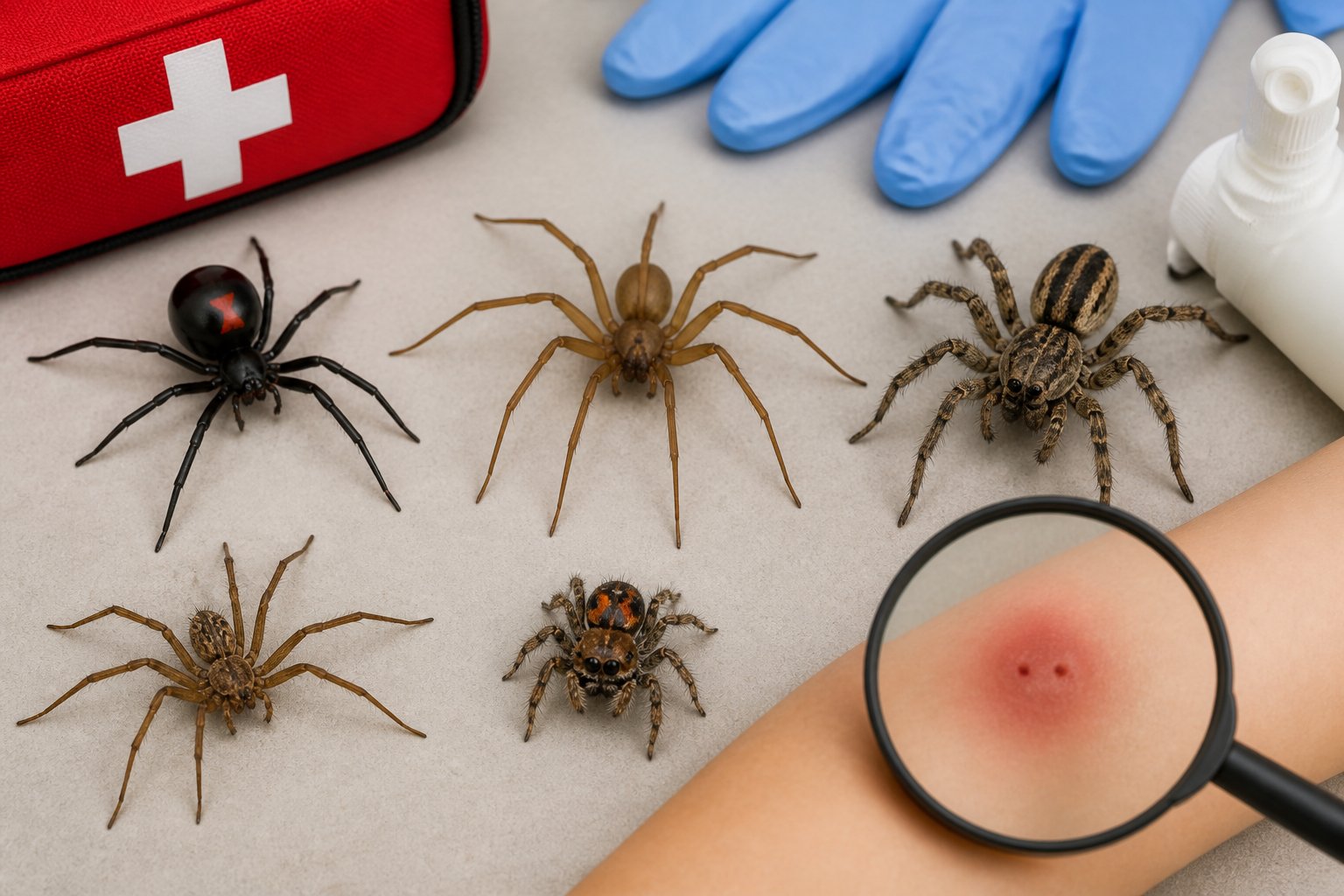 Close-up of several spiders known to bite humans with nearby first aid items and a magnifying glass examining a spider bite on skin.