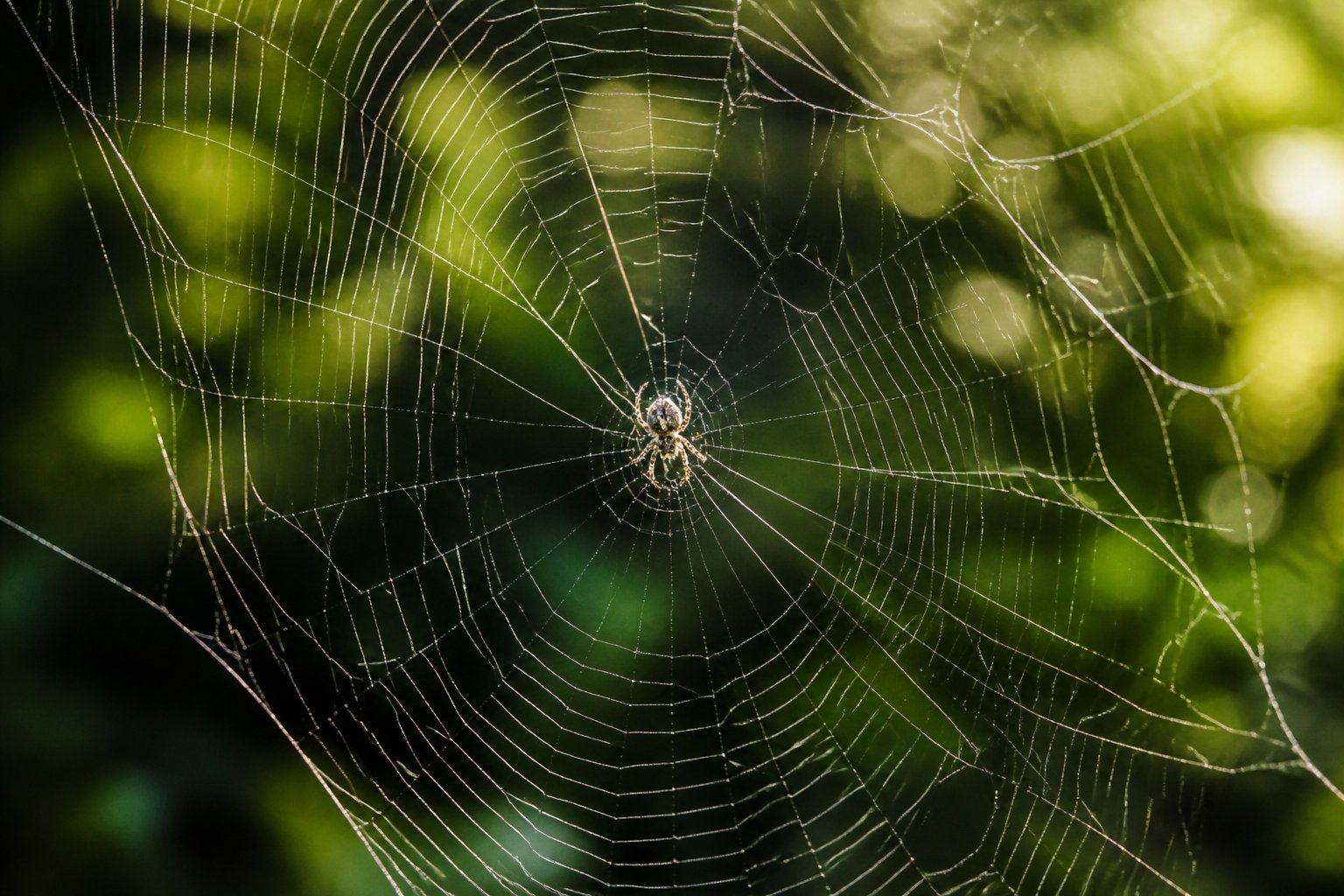 Close-up of a spider on a slightly damaged spider web with green foliage in the background.