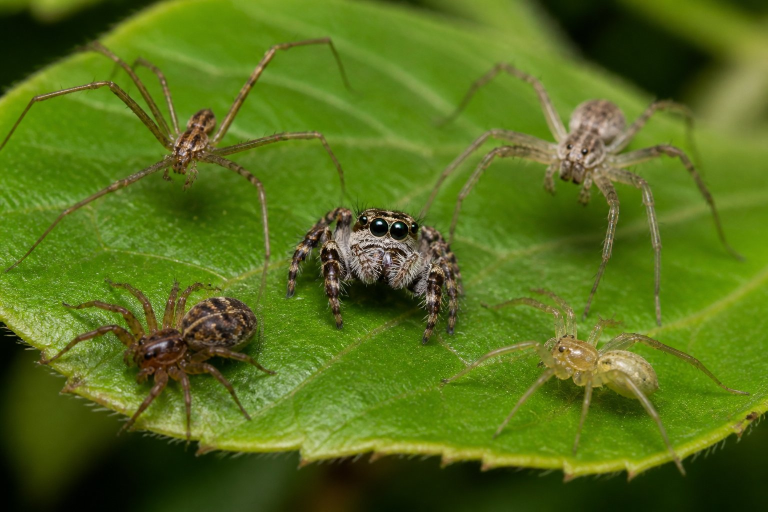 Close-up of a jumping spider on a leaf next to other spiders with different body shapes and eye arrangements.