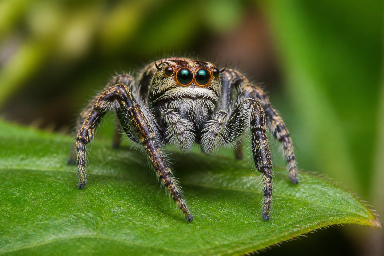 Close-up of a jumping spider on a green leaf with a blurred natural background.