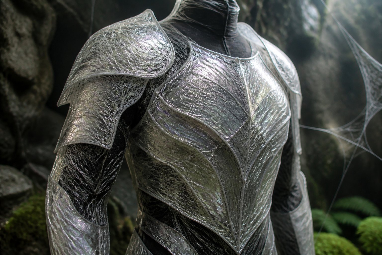 Close-up of detailed spidersilk armor displayed on a mannequin in a forest setting with spider webs and natural surroundings.