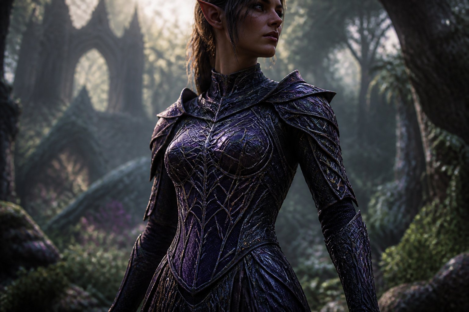 A character wearing detailed spidersilk armor standing in a mystical forest with soft sunlight and ancient ruins in the background.