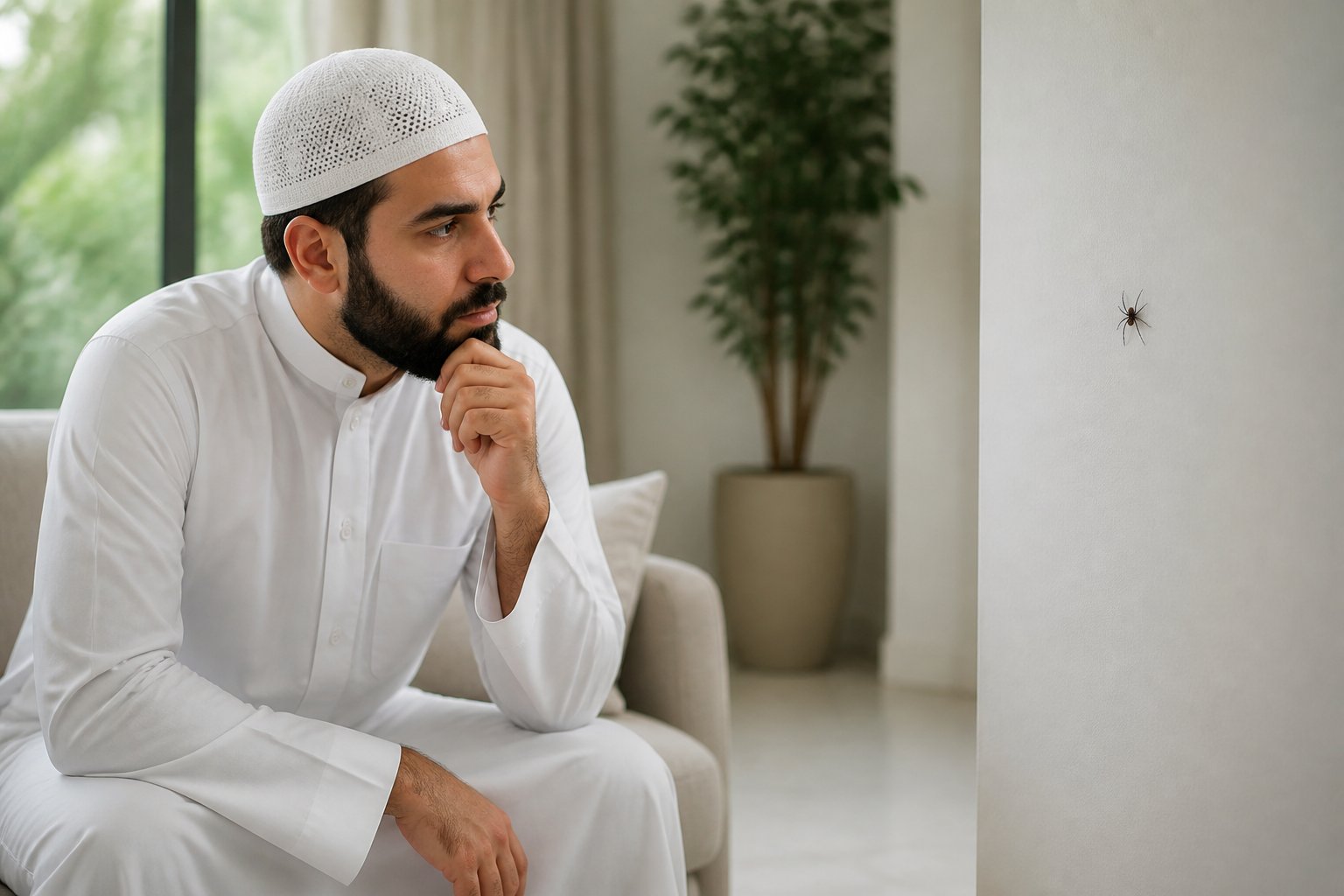 A Muslim man in traditional clothing calmly observing a small spider on the wall in a quiet living room.