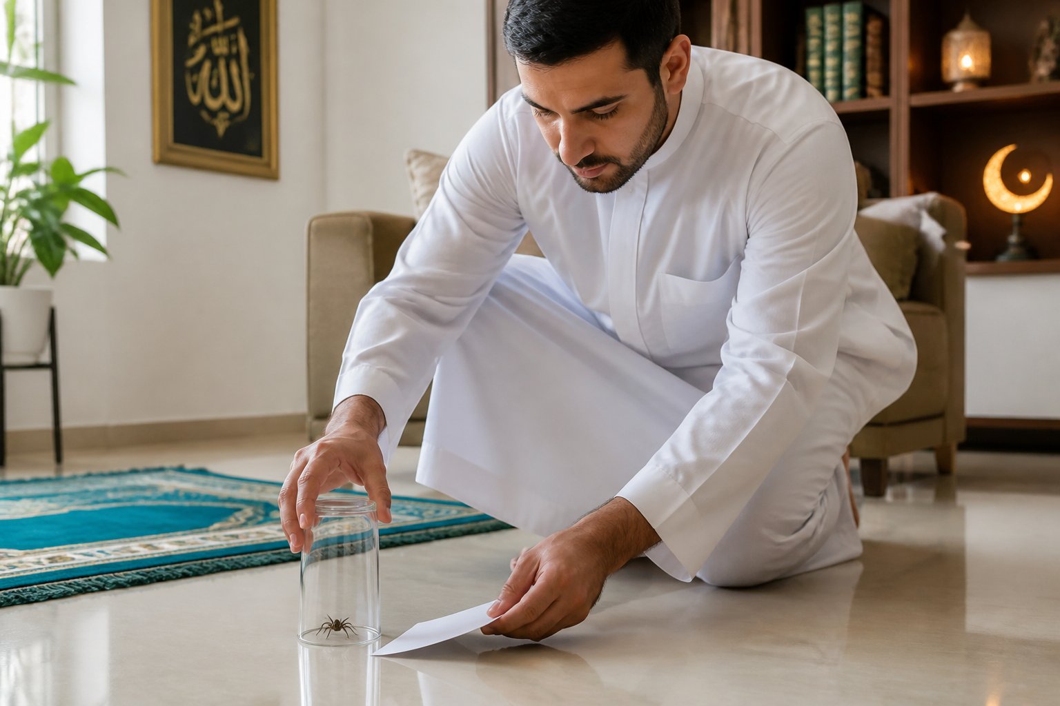 A person gently capturing a small spider in a glass inside a clean living room with subtle Islamic decor.