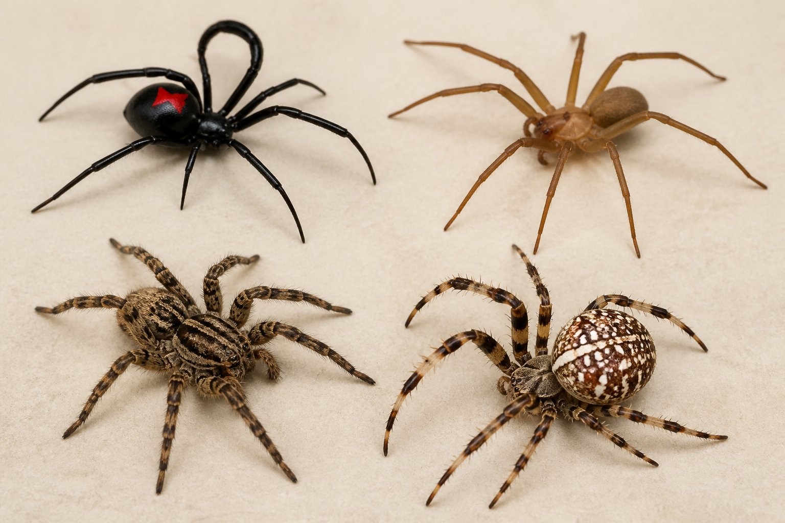 Close-up view of several common spider species including black widow, brown recluse, wolf spider, and orb-weaver on a neutral background.