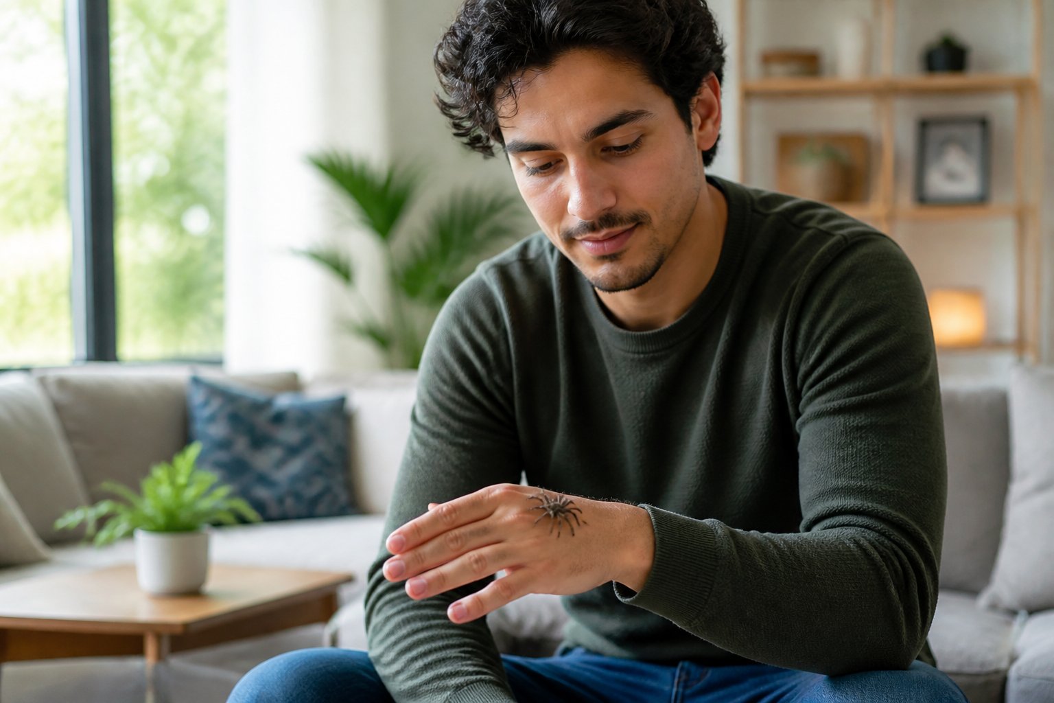 A person calmly looking at a small spider on their hand in a cozy living room.