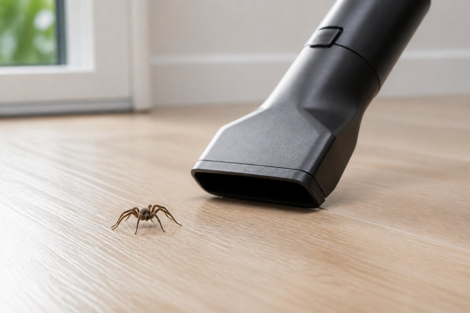 Close-up of a vacuum cleaner nozzle near a small spider on a light hardwood floor.