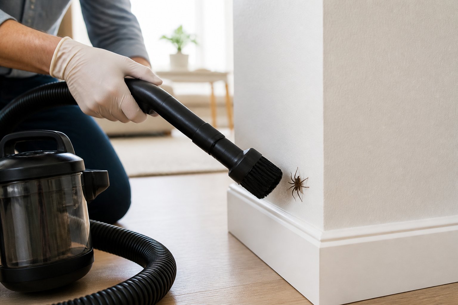Person using a vacuum cleaner hose to safely remove a spider from a wall inside a living room.