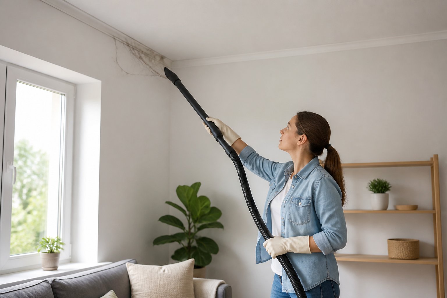 Person vacuuming spider webs from the ceiling corner of a clean living room.
