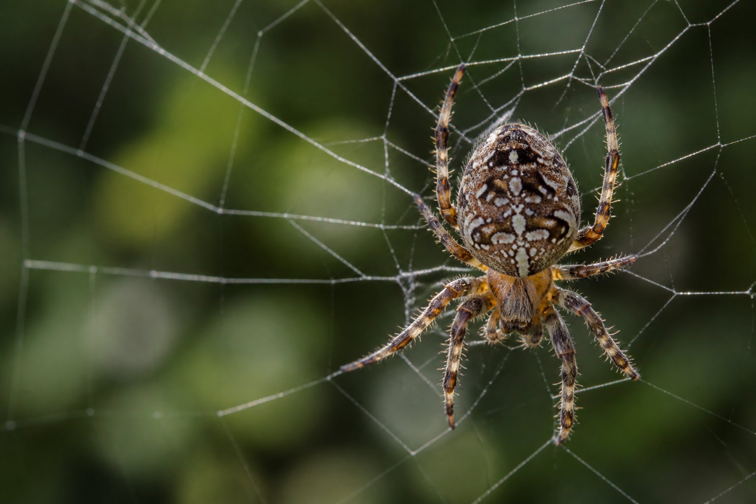 Close-up of a spider spinning silk on its web outdoors with green blurred background.