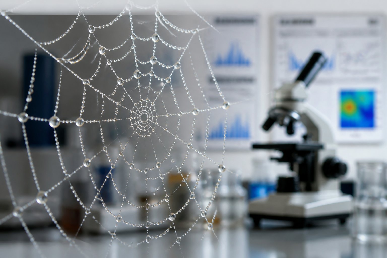 Close-up of a spider web with dew drops and scientific lab equipment in the blurred background.