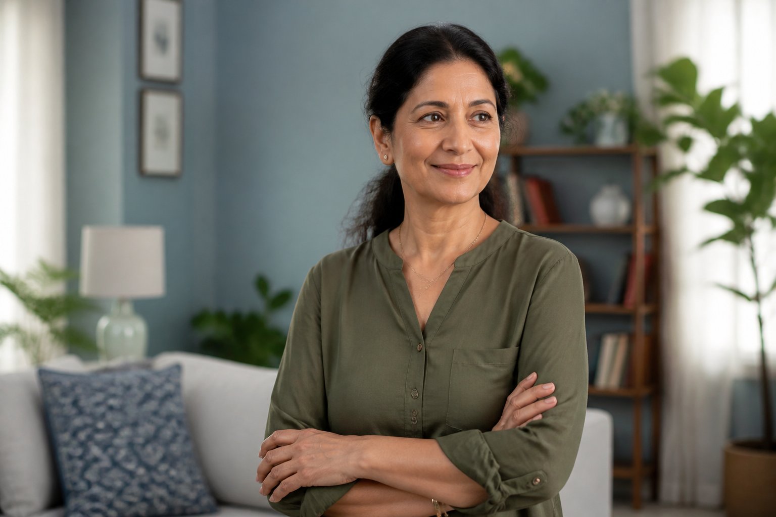 A middle-aged woman with dark hair smiling gently in a softly lit living room with plants and natural light.