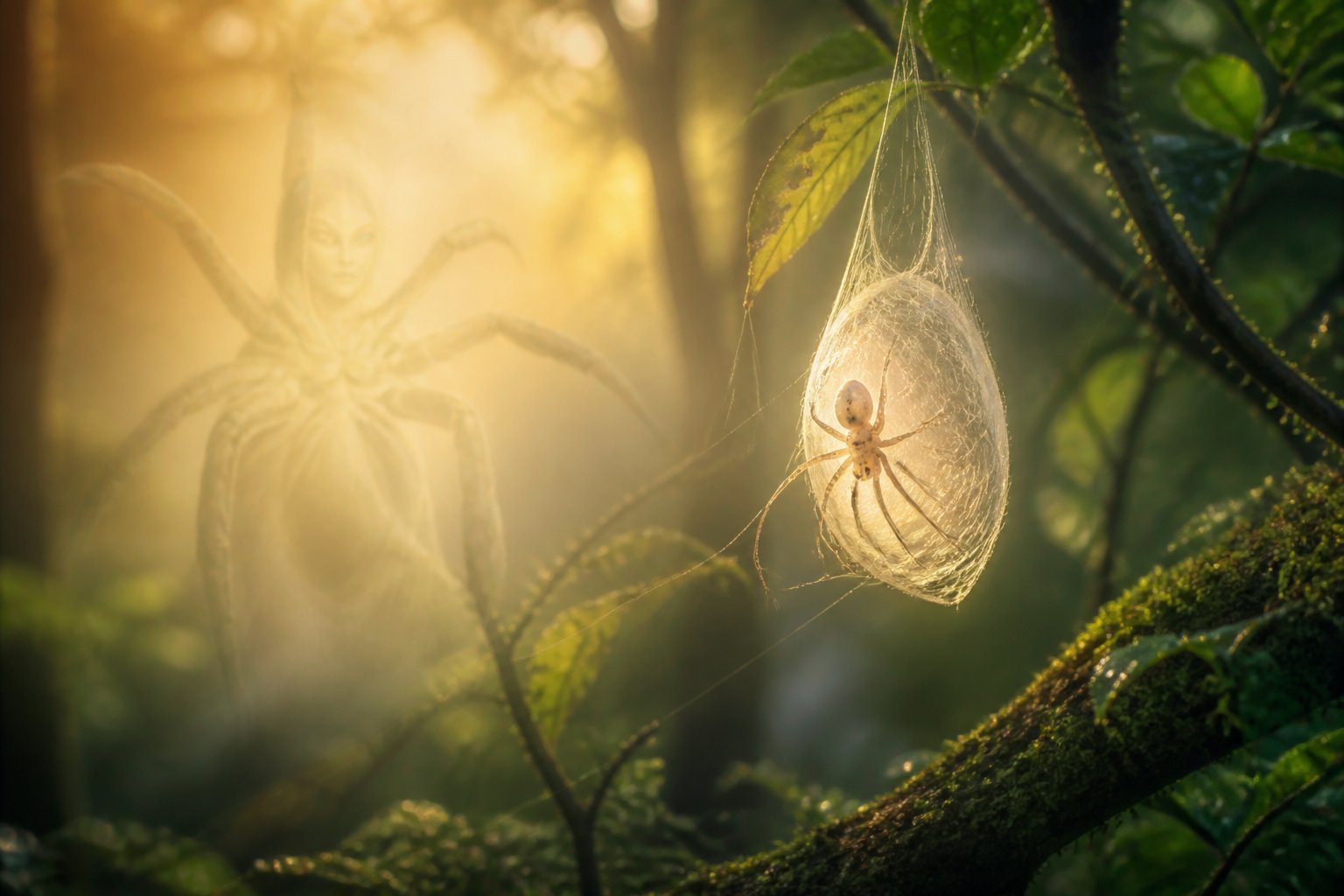 A young spider emerging from a glowing web cocoon in a forest with sunlight filtering through trees and a faint silhouette of a female figure in the background.