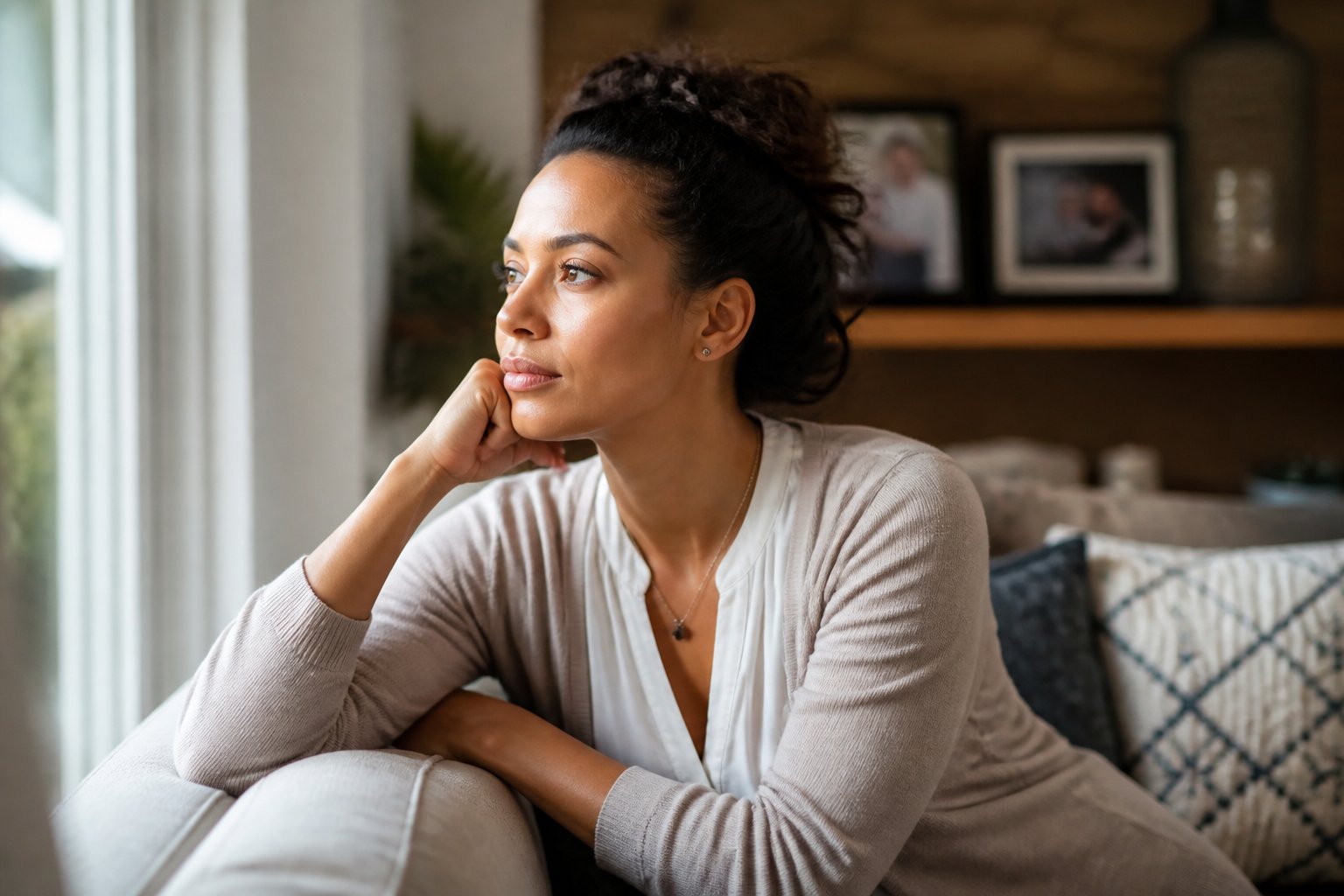A woman sitting in a living room looking thoughtfully out of a window.