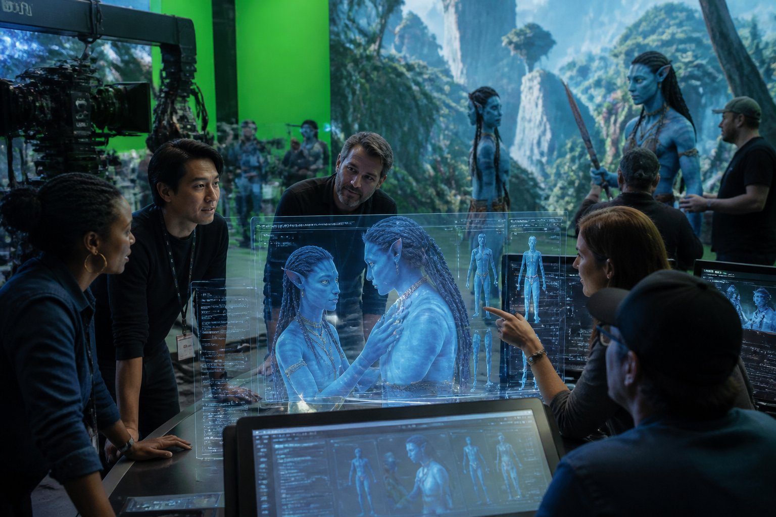 A group of filmmakers working together in a futuristic studio with holographic displays showing 3D models of Na'vi characters from Avatar.