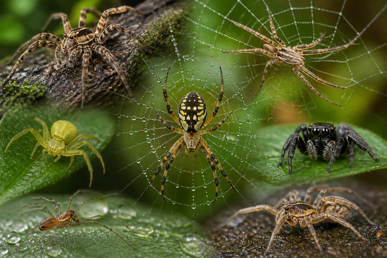 Various spiders on webs and natural foliage in a close-up natural setting.