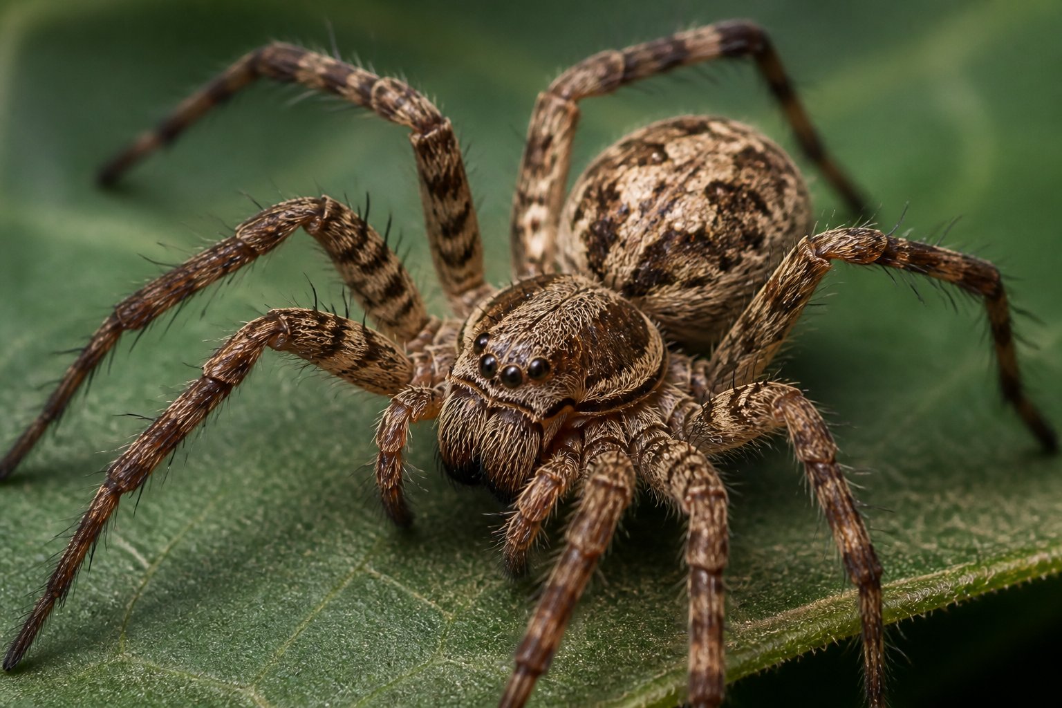Close-up image of a spider showing its body segments, eight legs, and multiple eyes on a natural surface.