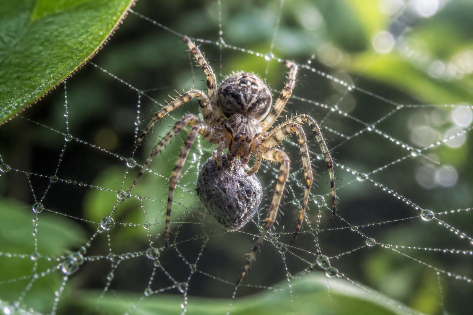 Close-up of a spider on its web surrounded by green leaves in a natural outdoor setting.