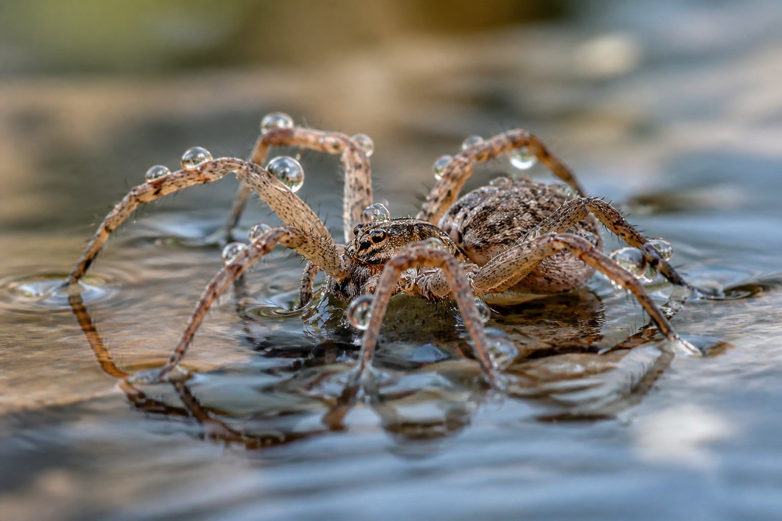 A close-up of a small spider partially submerged in clear water with water droplets on its legs.