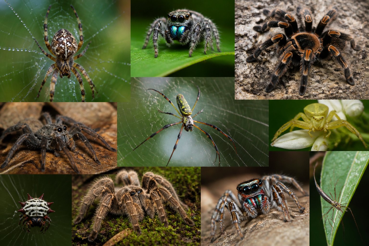 Various species of spiders in natural settings, showing different sizes, colors, and web types.