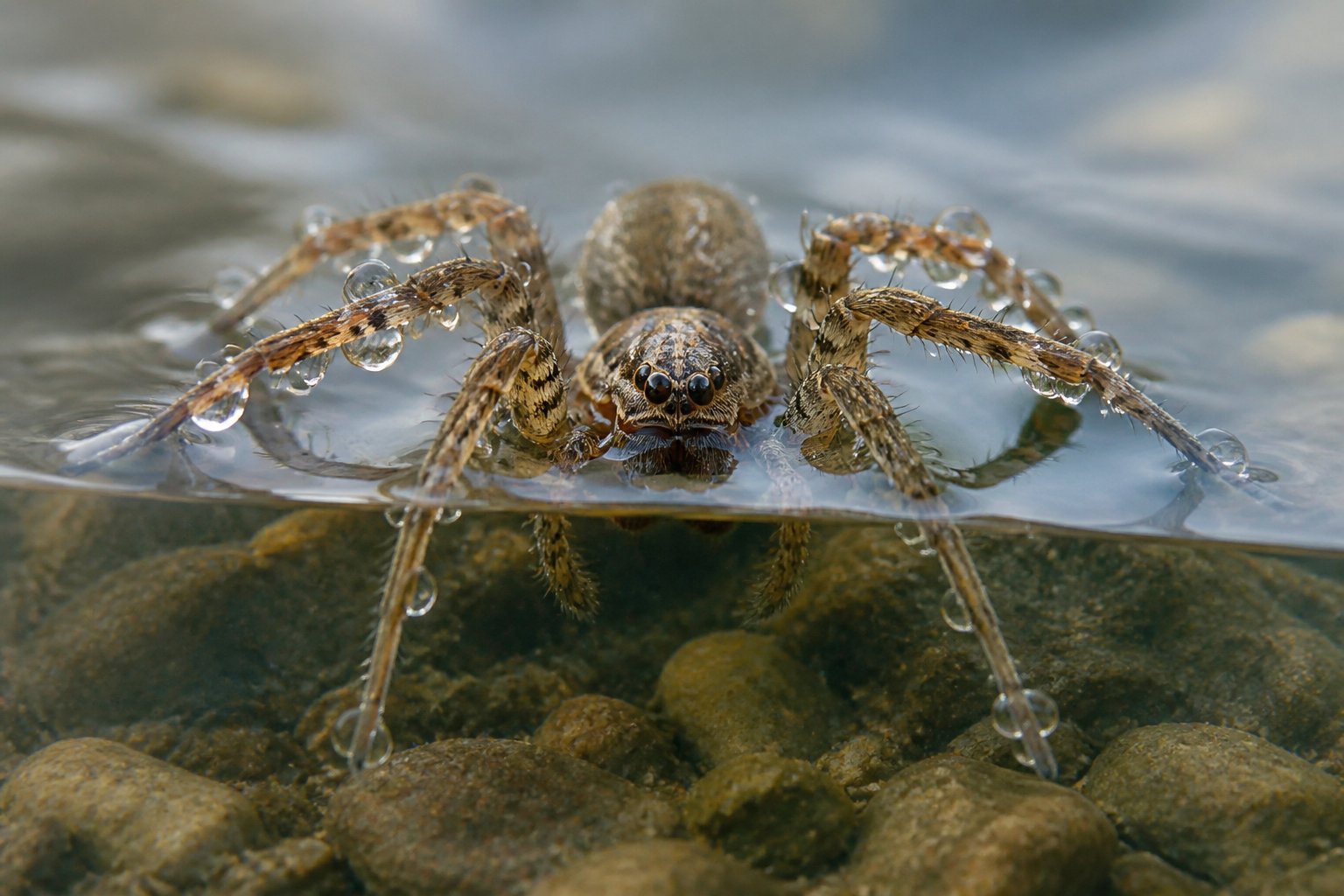 Close-up image of a spider partially submerged in water with water droplets on its legs.