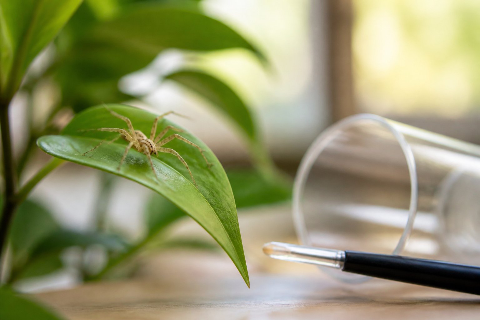 A small spider sitting on a green leaf next to a gentle spider removal tool in a softly lit indoor setting.