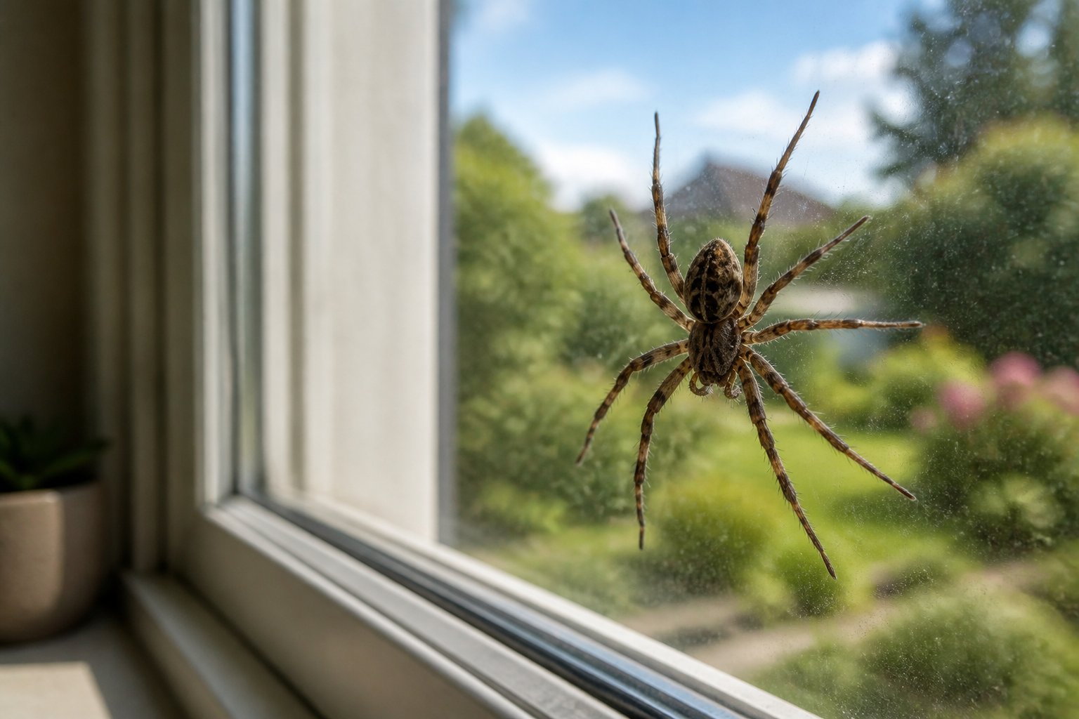 A close-up of a house spider on a windowpane with a blurred garden visible outside.
