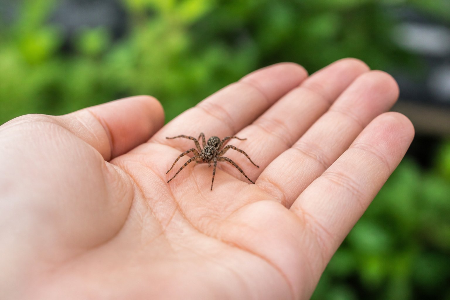 A person holding a small spider gently on their palm outdoors with green plants in the background.
