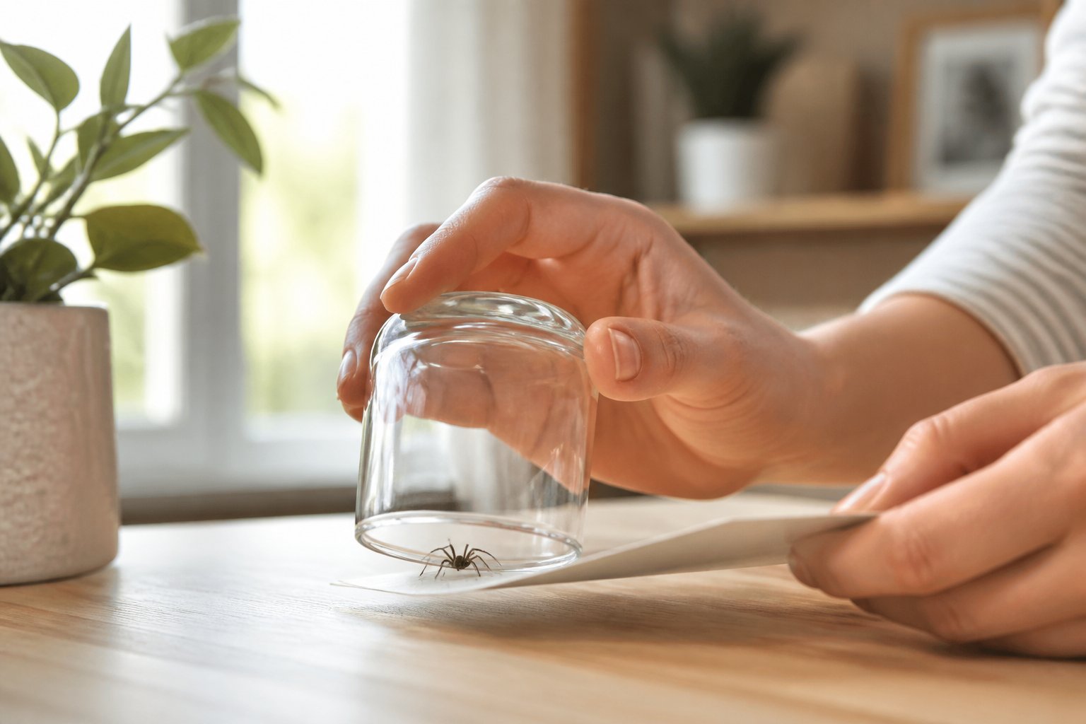 Hands gently capturing a small spider indoors using a glass jar and paper on a wooden table near a window.