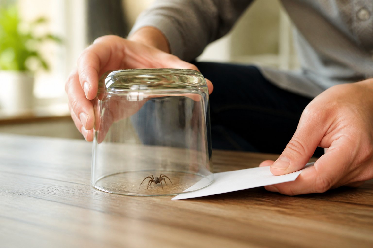 A person gently capturing a small spider indoors using a glass jar and paper to safely relocate it.